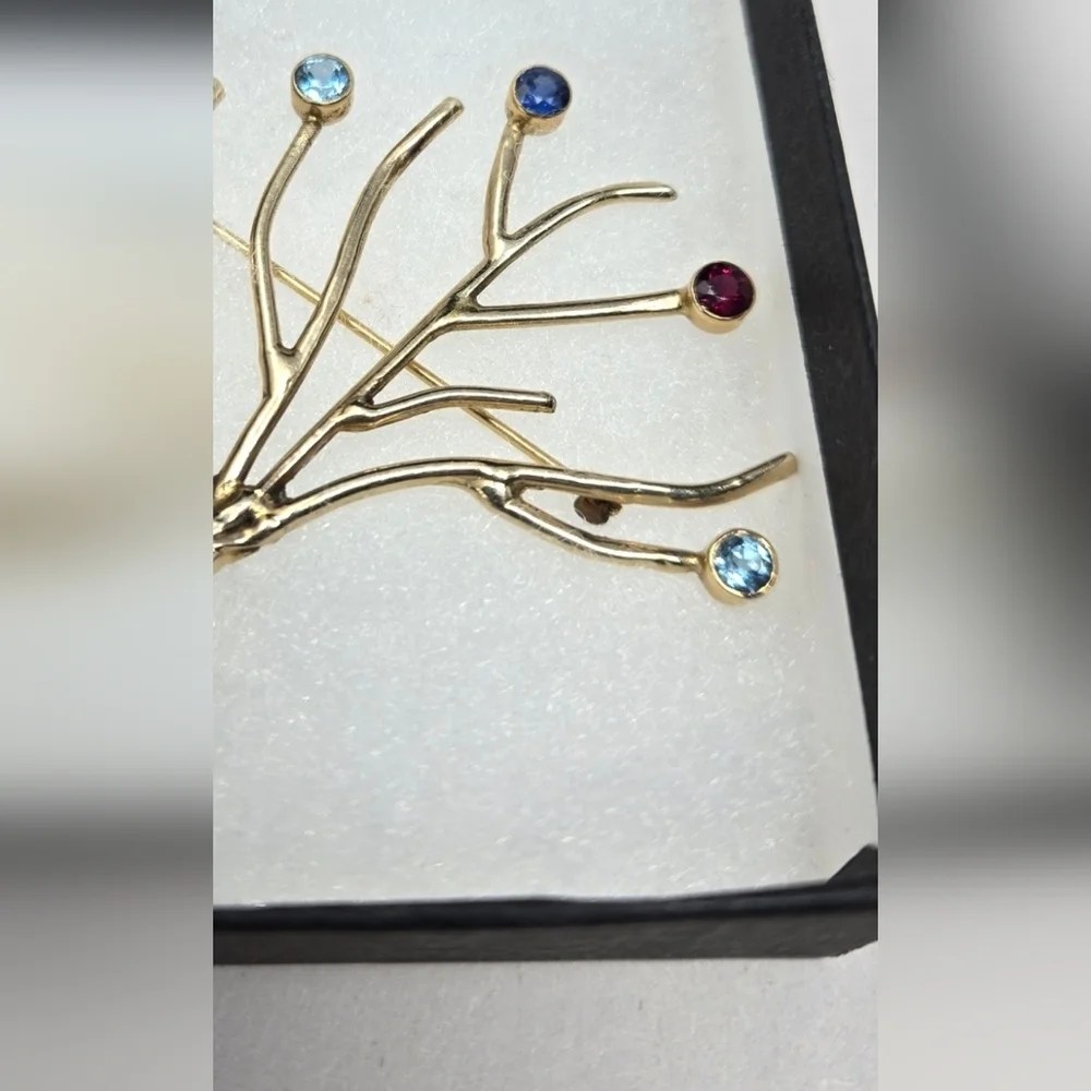 Gold Tone Tree Of Life Brooch Pin-Colored Stones Womens Twisted Trunk Branches